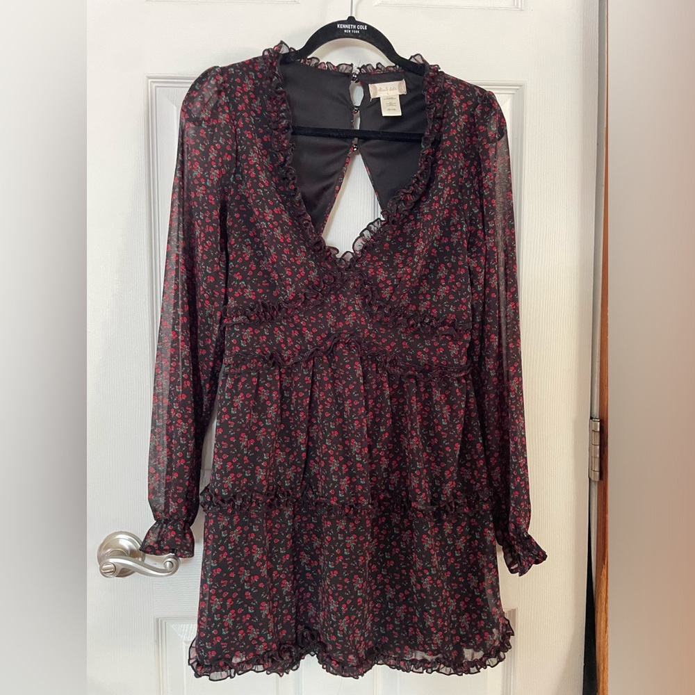 Altar'd State Black Long-Sleeve Open Back Floral Dress with Red Rose Print